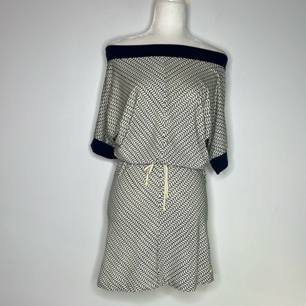 Skunkfunk blue & cream print drawstring waist off the shoulder dress size 1 = XS